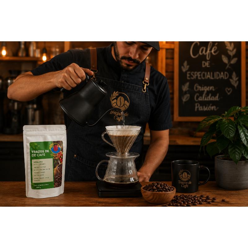 Barista preparando café de especialidad con método V60 en una cafetería.