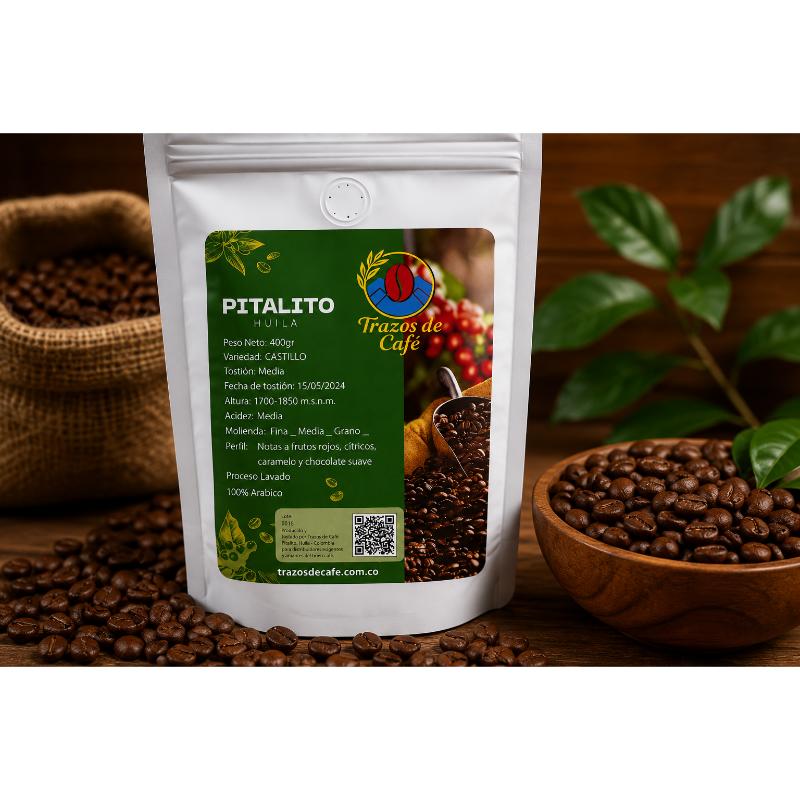 Bolsa de café de especialidad Trazos de Café recién tostado de Pitalito Huila.